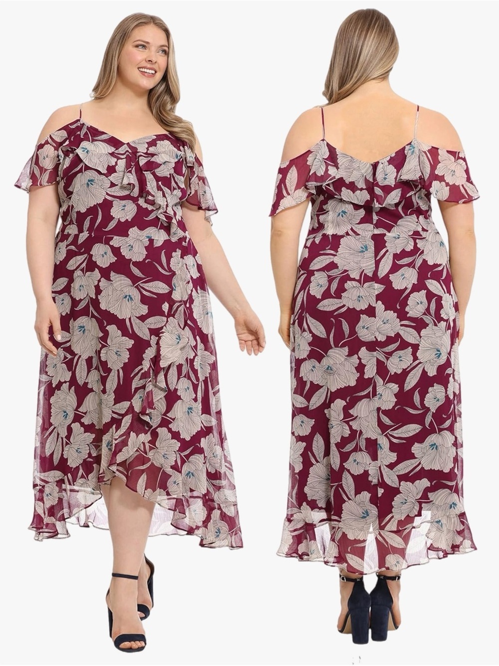 NWT London Times Cold-Shoulder Floral Midi Dress in Burgundy Plus Size 24W